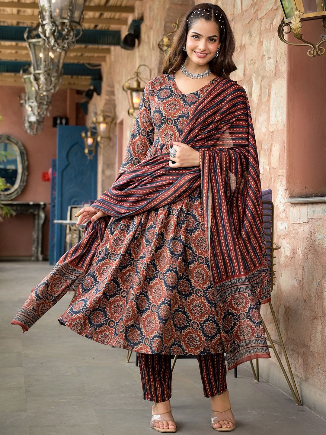 Premium Rust Maroon and Indigo Blue Ajrakh Block Print Pure rayon Anarkali Kurta with Straight Trousers and Matching Dupatta Set