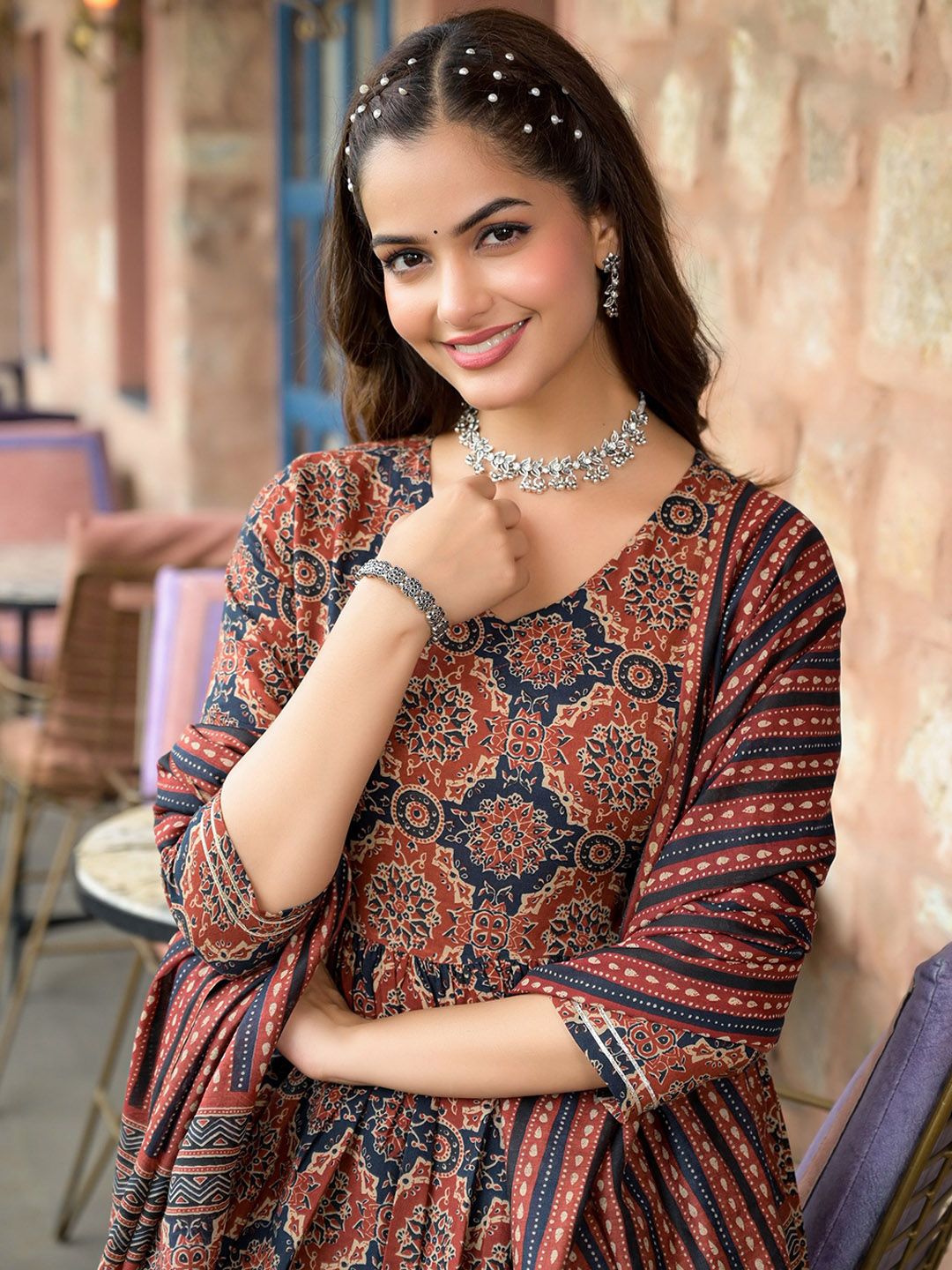 Premium Rust Maroon and Indigo Blue Ajrakh Block Print Pure rayon Anarkali Kurta with Straight Trousers and Matching Dupatta Set