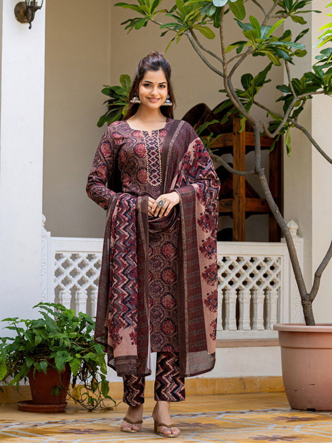 Elegant Maroon and Navy Kalamkari Print Cotton Kurta Set with Dupatta