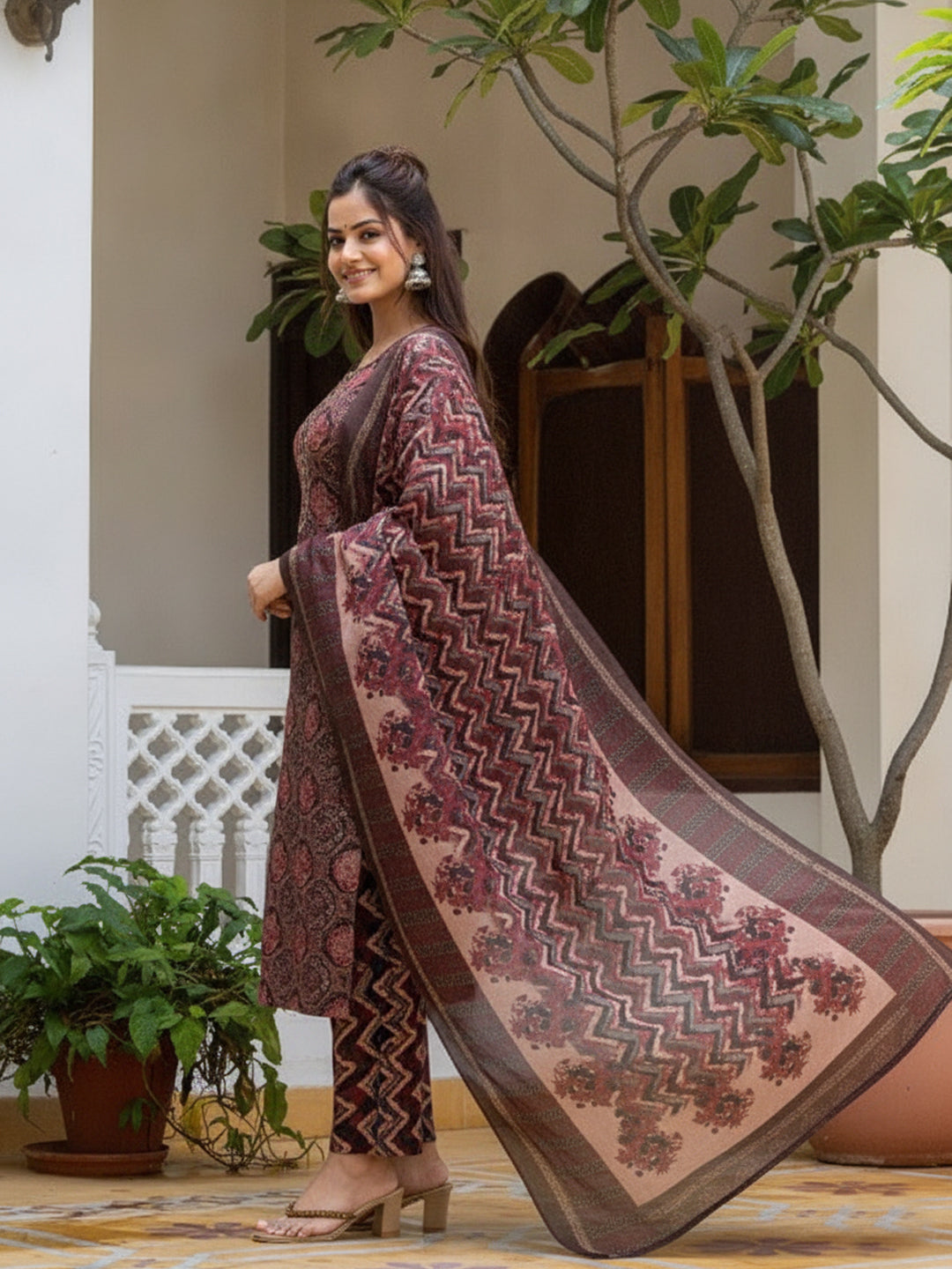Elegant Maroon and Navy Kalamkari Print Cotton Kurta Set with Dupatta