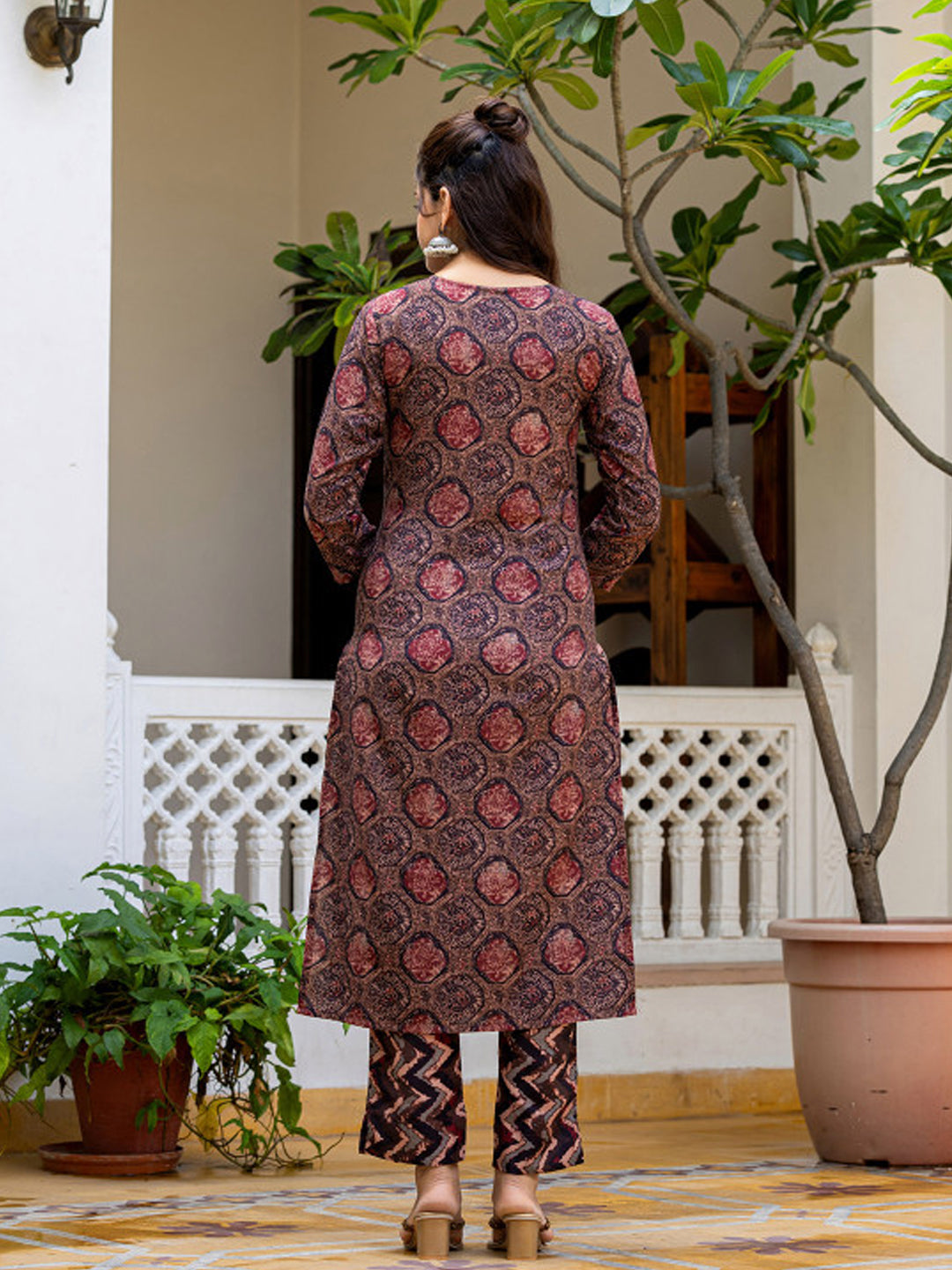 Elegant Maroon and Navy Kalamkari Print Cotton Kurta Set with Dupatta