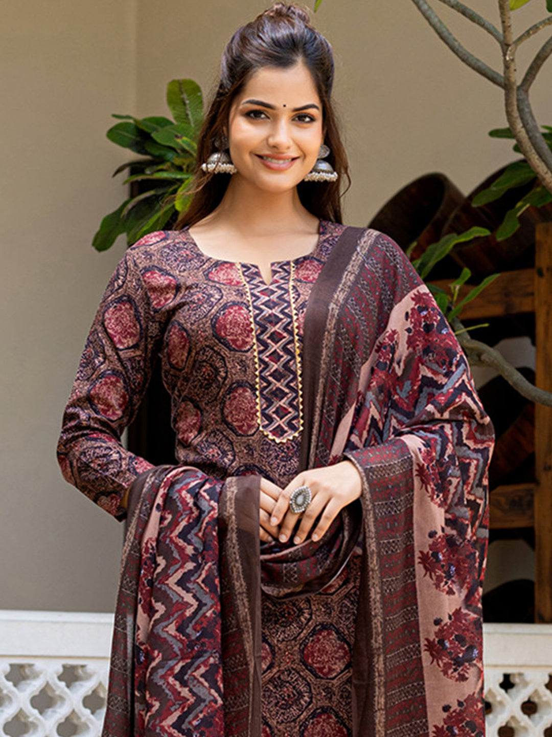 Elegant Maroon and Navy Kalamkari Print Cotton Kurta Set with Dupatta
