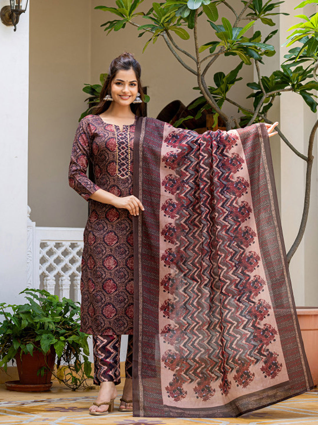 Elegant Maroon and Navy Kalamkari Print Cotton Kurta Set with Dupatta