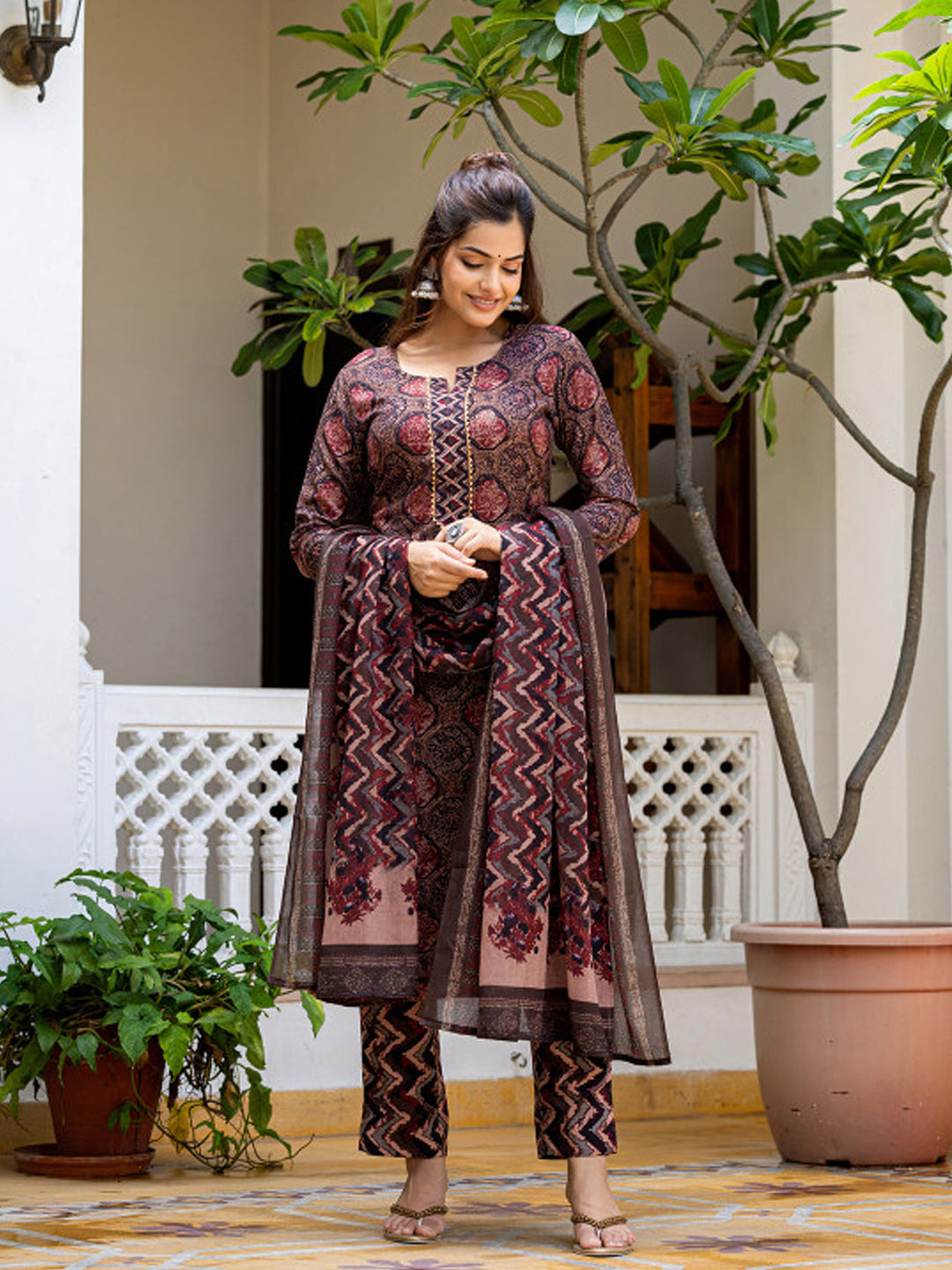 Elegant Maroon and Navy Kalamkari Print Cotton Kurta Set with Dupatta