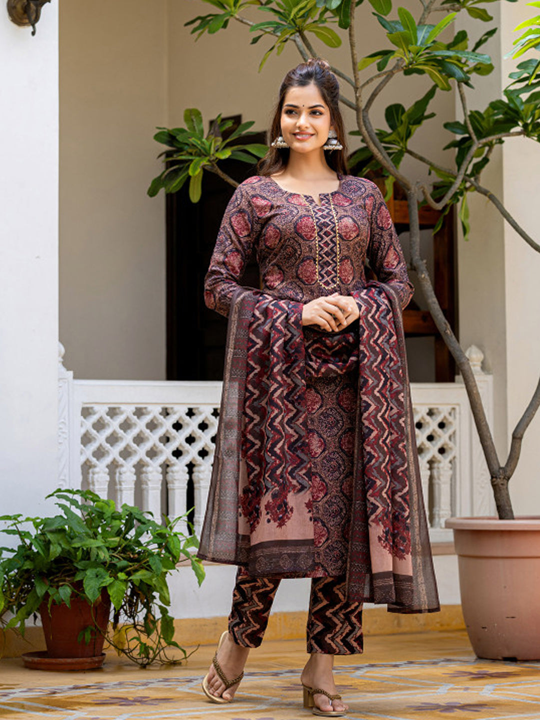 Elegant Maroon and Navy Kalamkari Print Cotton Kurta Set with Dupatta