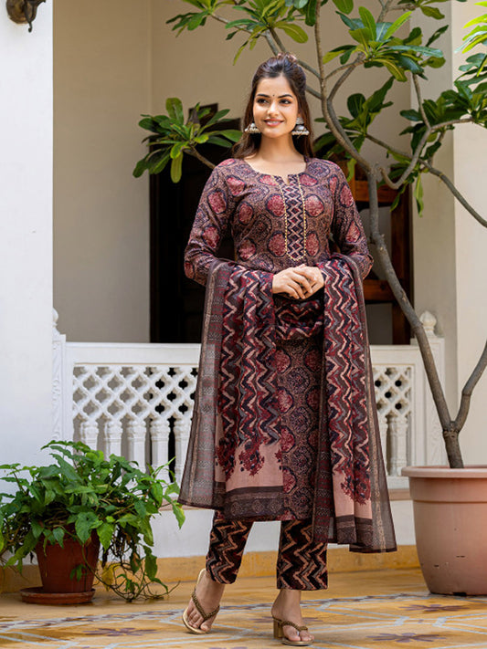 Elegant Maroon and Navy Kalamkari Print Cotton Kurta Set with Dupatta