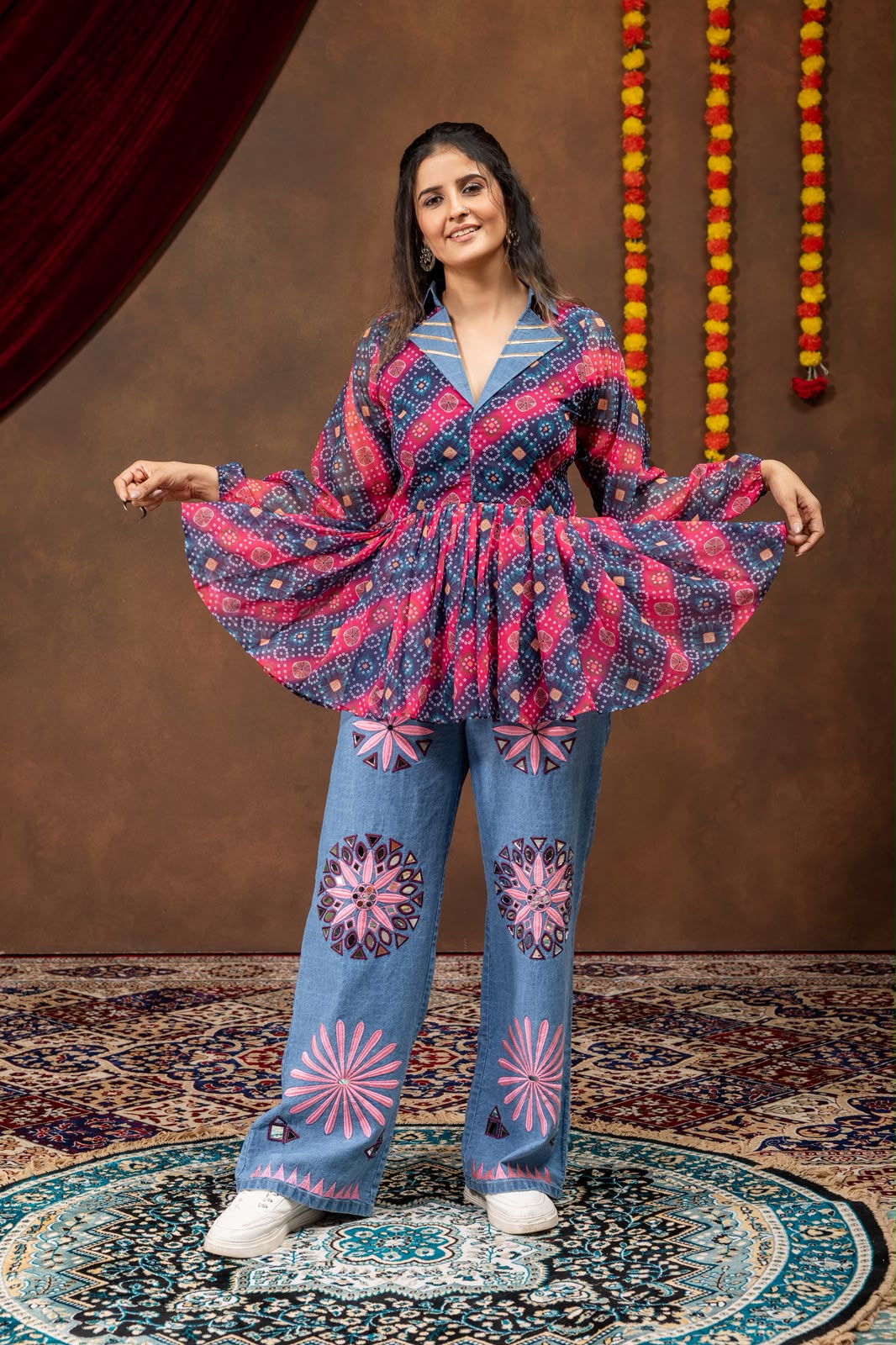 Women's Navratri Kediya Top and Denim Jeans Set in Magenta and Blue Faux Georgette with Mirror Embroidery
