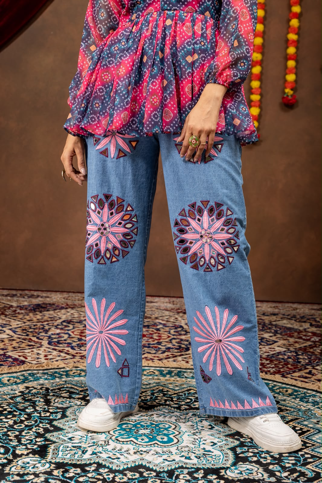 Women's Navratri Kediya Top and Denim Jeans Set in Magenta and Blue Faux Georgette with Mirror Embroidery