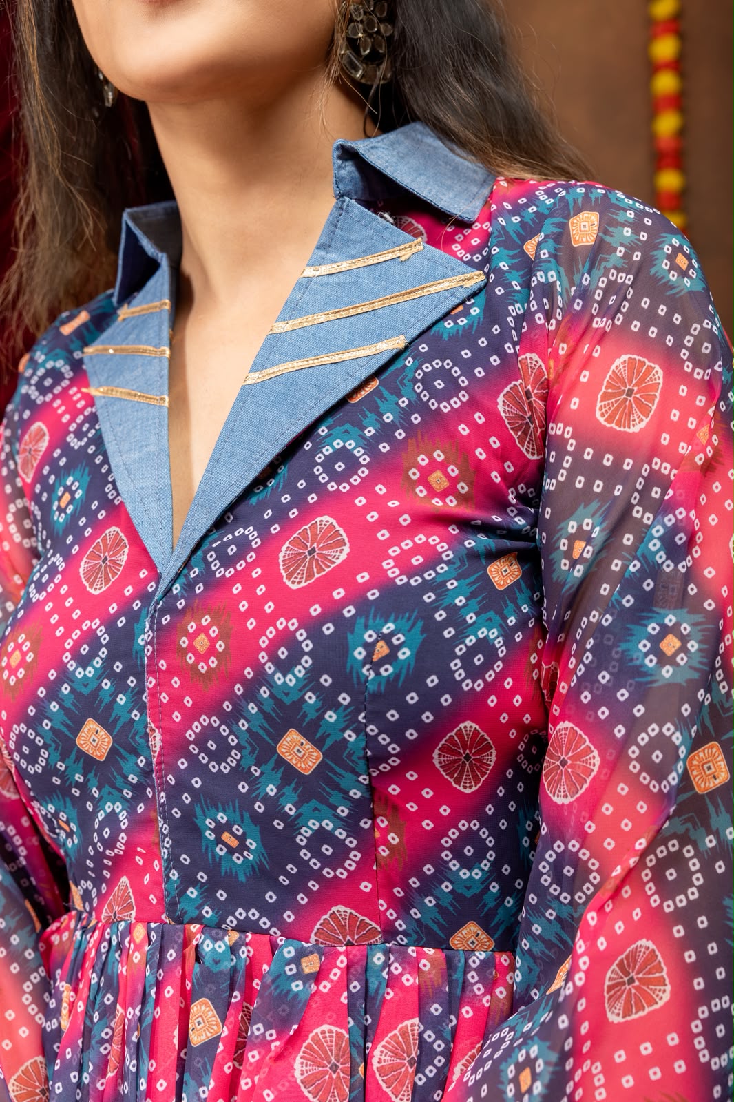 Women's Navratri Kediya Top and Denim Jeans Set in Magenta and Blue Faux Georgette with Mirror Embroidery