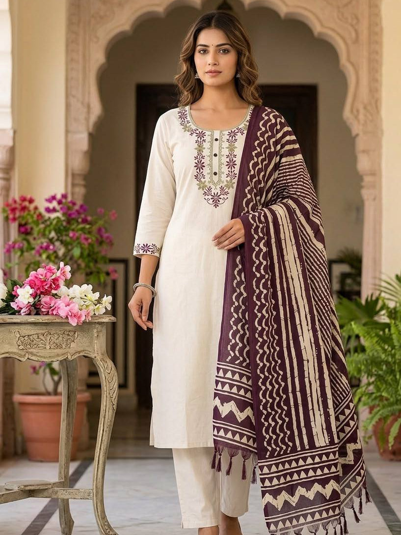 Women's Kurta Pant Set in Off White Khadi Cotton with Floral Embroidery and Printed Dupatta