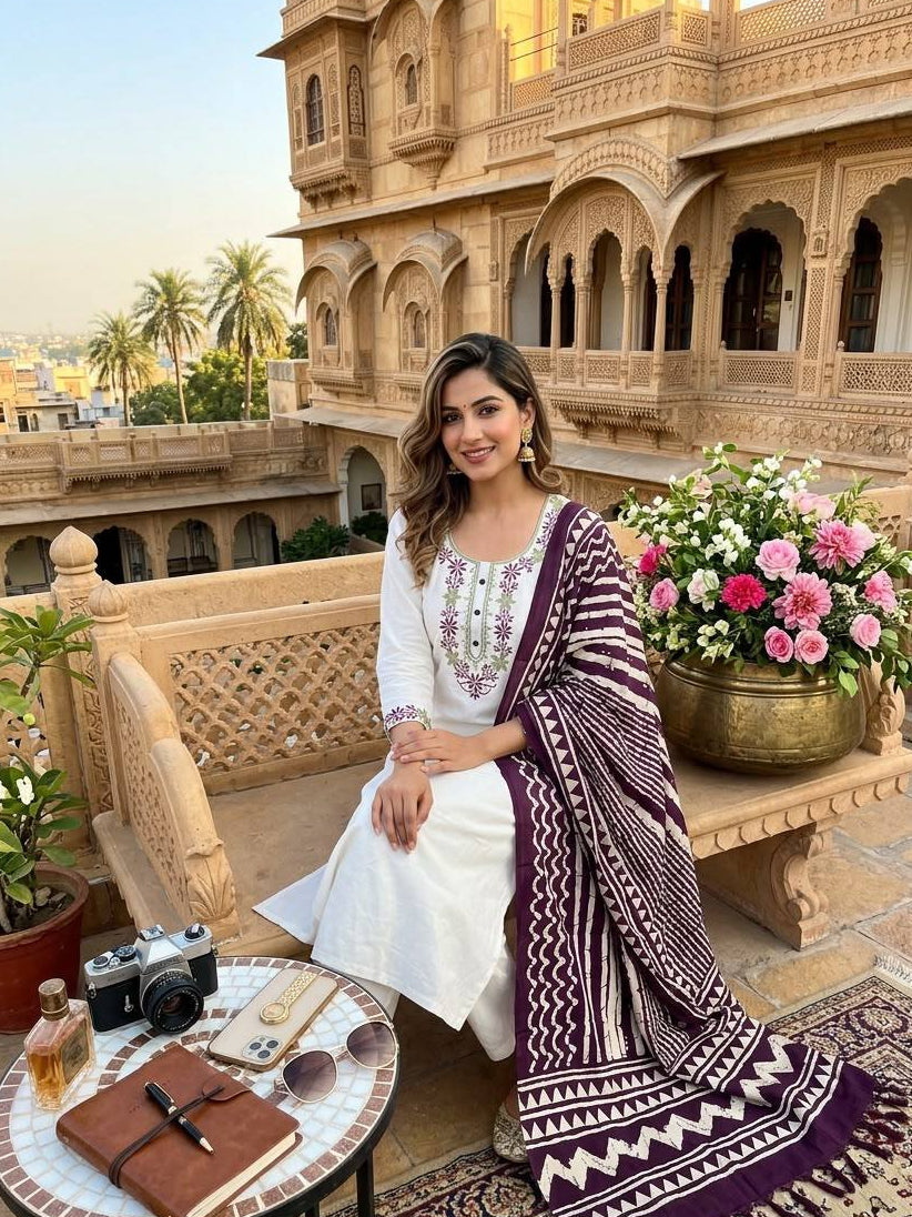 Women's Kurta Pant Set in Off White Khadi Cotton with Floral Embroidery and Printed Dupatta
