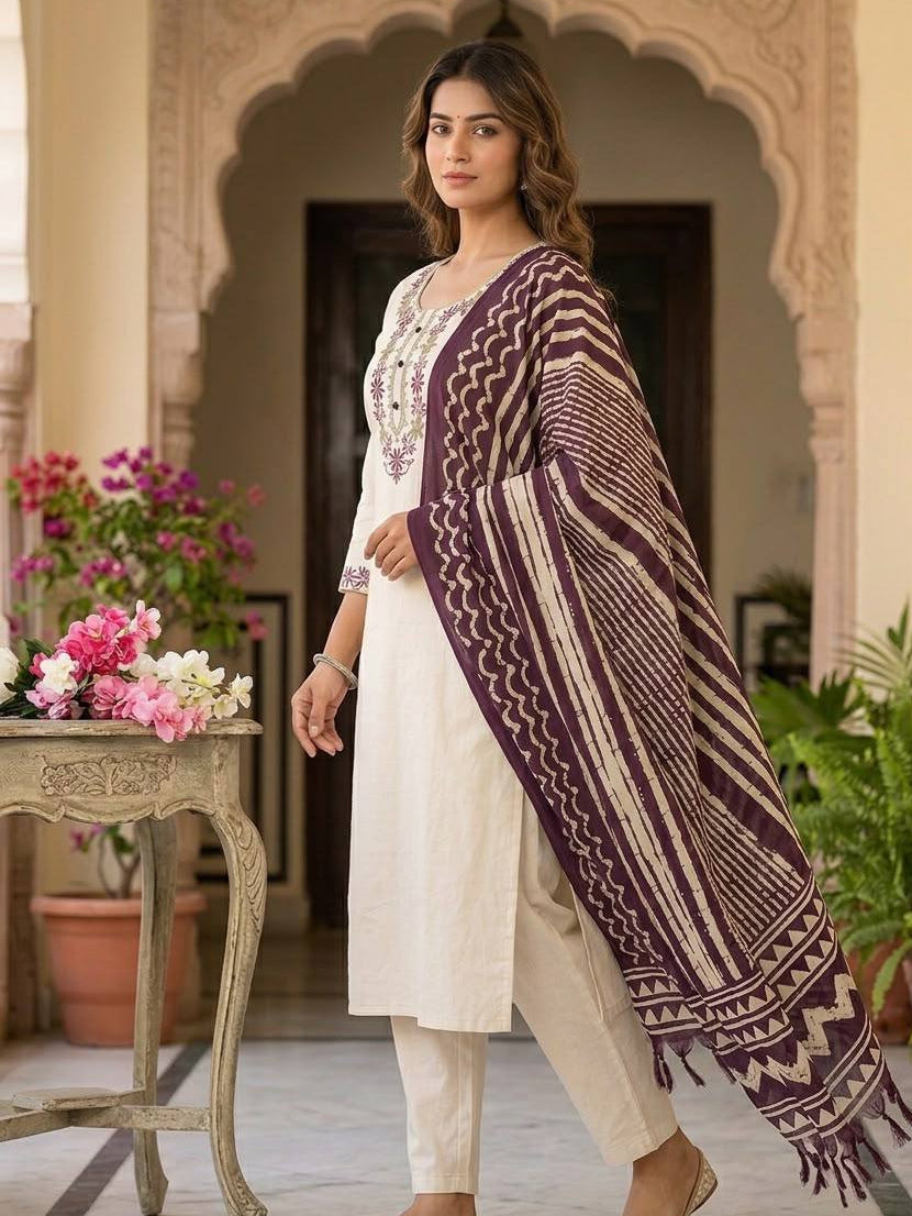 Women's Kurta Pant Set in Off White Khadi Cotton with Floral Embroidery and Printed Dupatta
