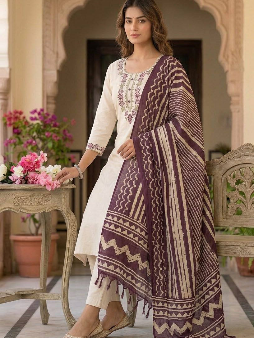Women's Kurta Pant Set in Off White Khadi Cotton with Floral Embroidery and Printed Dupatta