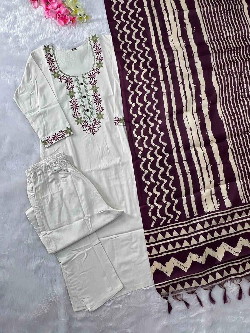 Women's Kurta Pant Set in Off White Khadi Cotton with Floral Embroidery and Printed Dupatta