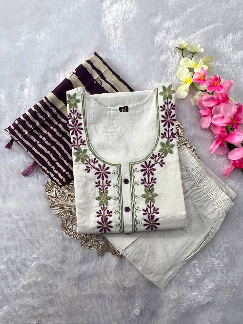 Women's Kurta Pant Set in Off White Khadi Cotton with Floral Embroidery and Printed Dupatta