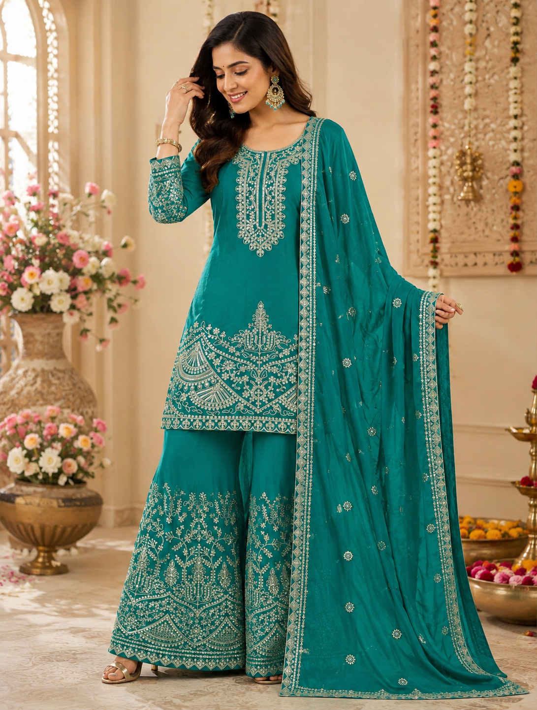 Women's Palazzo Suit in Teal Blue Pure Cinon Silk with Sequins and Coding Dori Embroidery