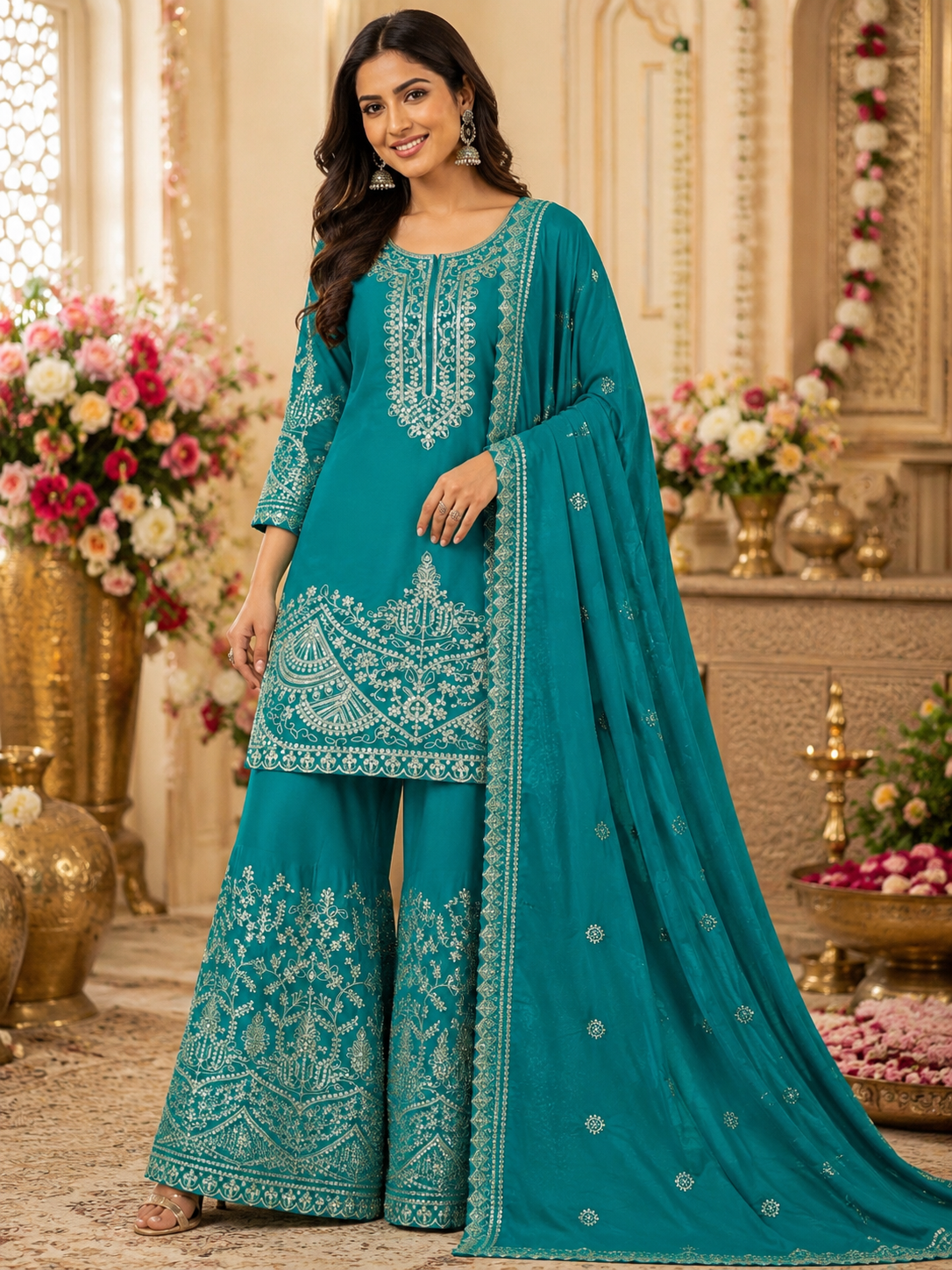 Women's Palazzo Suit in Teal Blue Pure Cinon Silk with Sequins and Coding Dori Embroidery