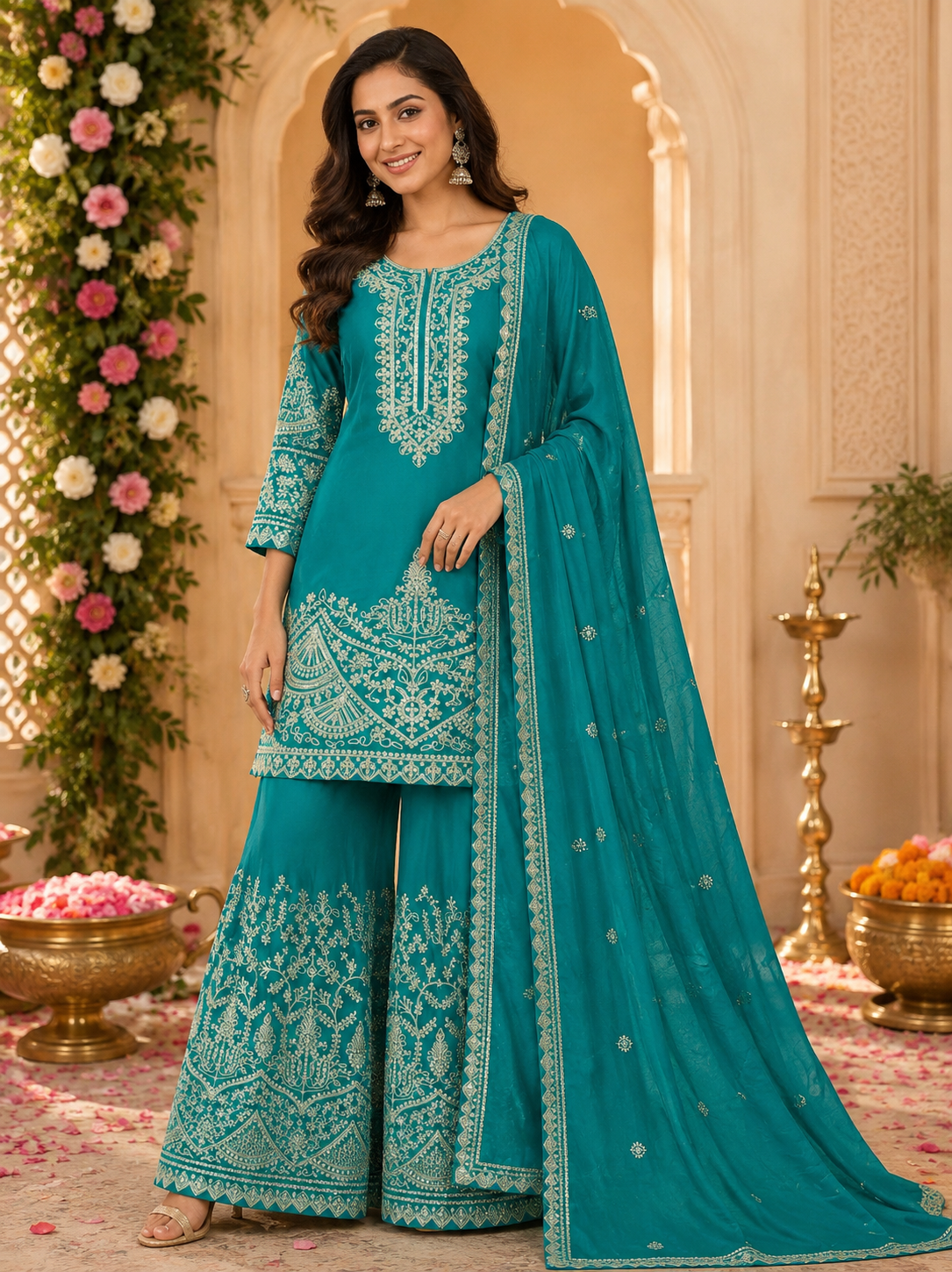 Women's Palazzo Suit in Teal Blue Pure Cinon Silk with Sequins and Coding Dori Embroidery