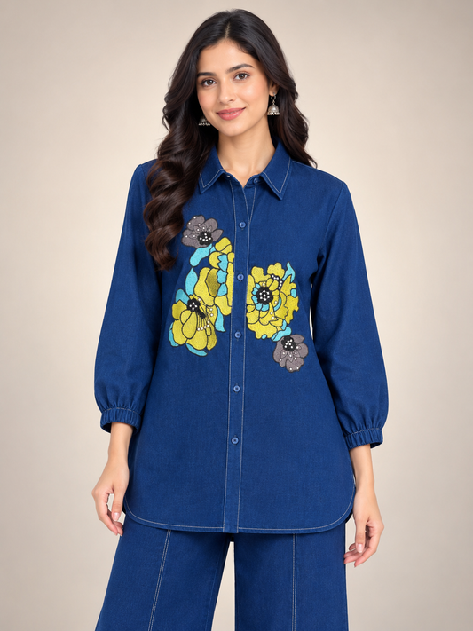 Women's Co-Ord Set in Indigo Blue Cotton with Floral Embroidery