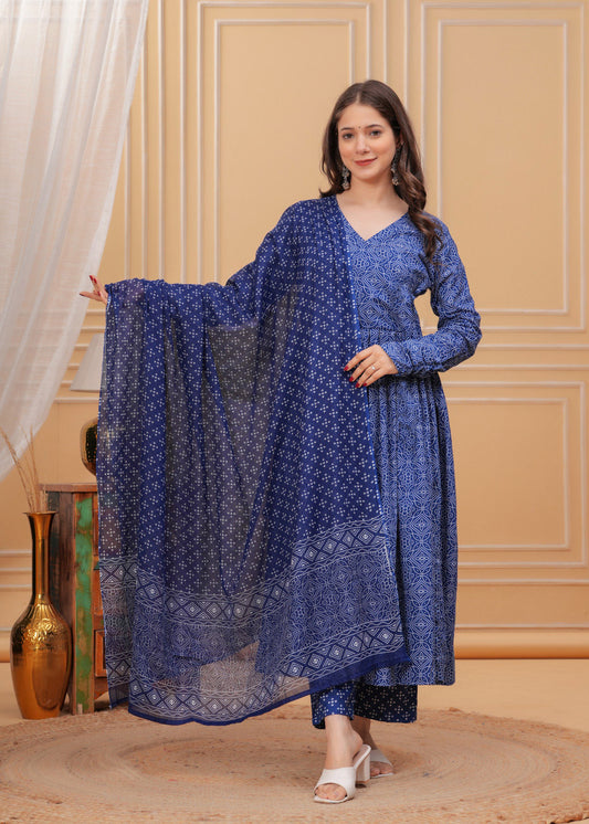 Geometric Bandhani Print Rayon Flared Kurta Set with Dupatta