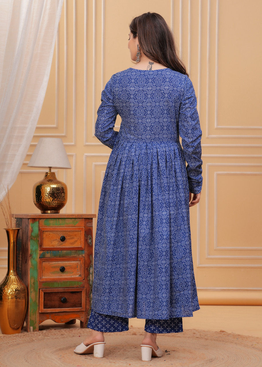 Geometric Bandhani Print Rayon Flared Kurta Set with Dupatta