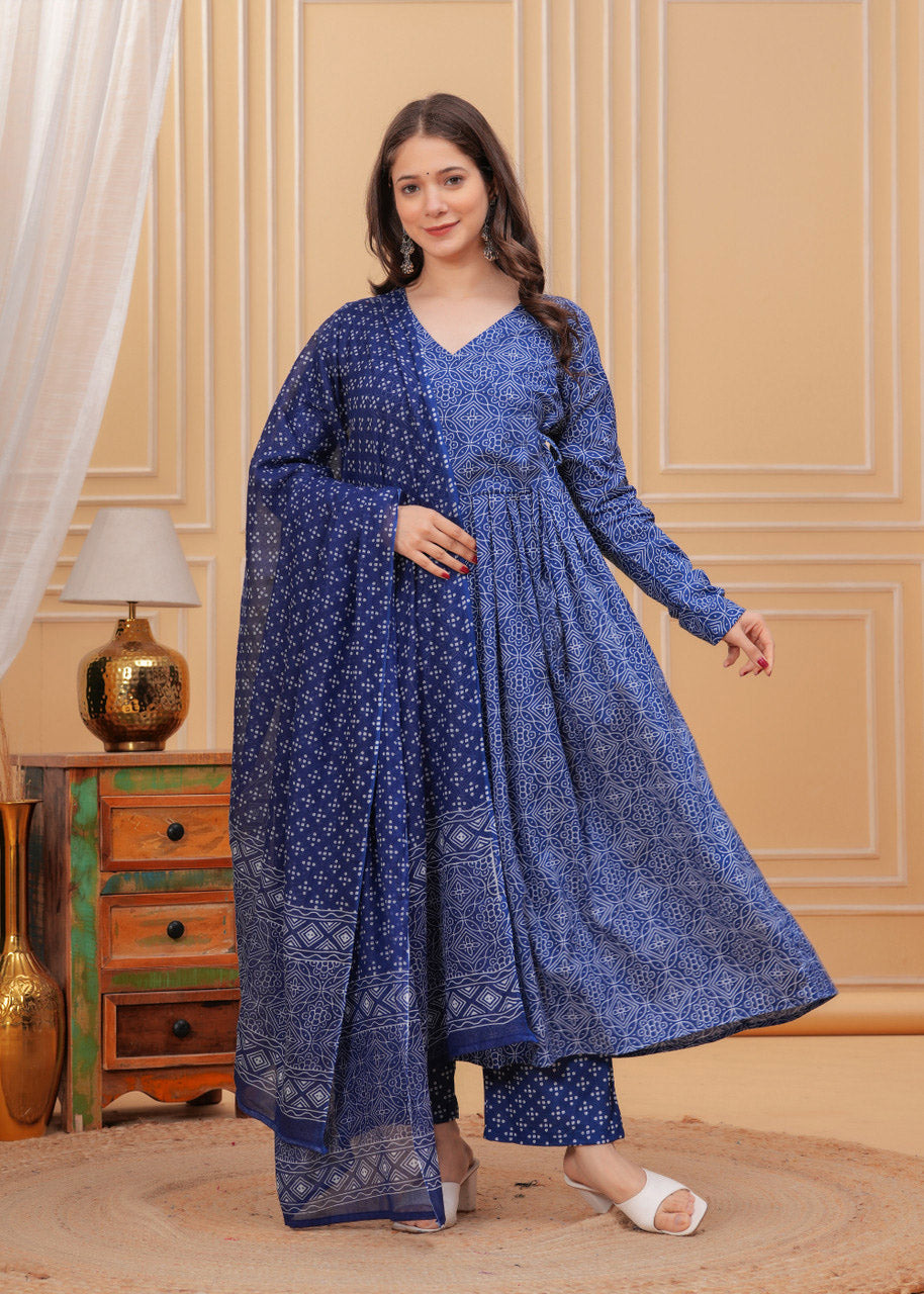 Geometric Bandhani Print Rayon Flared Kurta Set with Dupatta