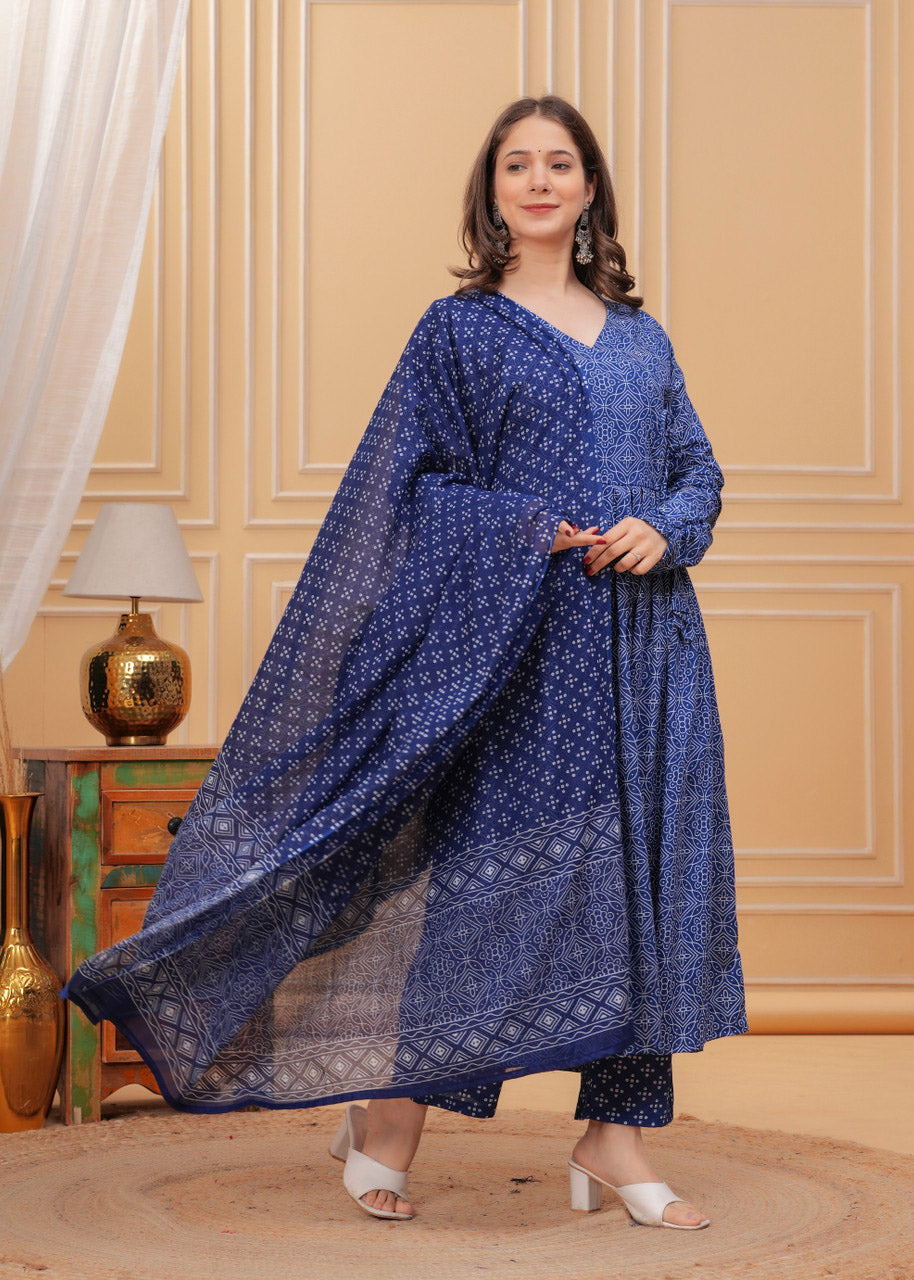Geometric Bandhani Print Rayon Flared Kurta Set with Dupatta