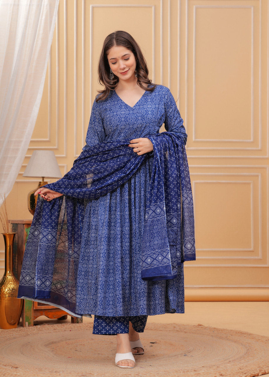 Geometric Bandhani Print Rayon Flared Kurta Set with Dupatta