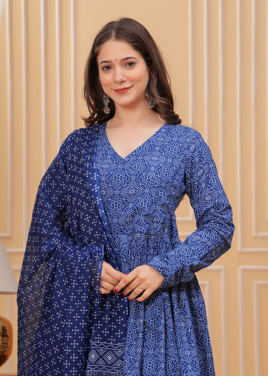 Geometric Bandhani Print Rayon Flared Kurta Set with Dupatta