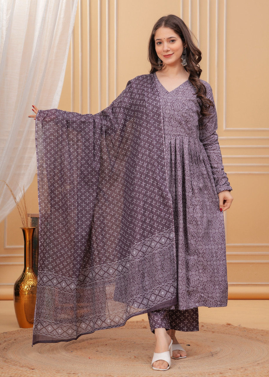 Geometric Bandhani Print Rayon Flared Kurta Set with Dupatta