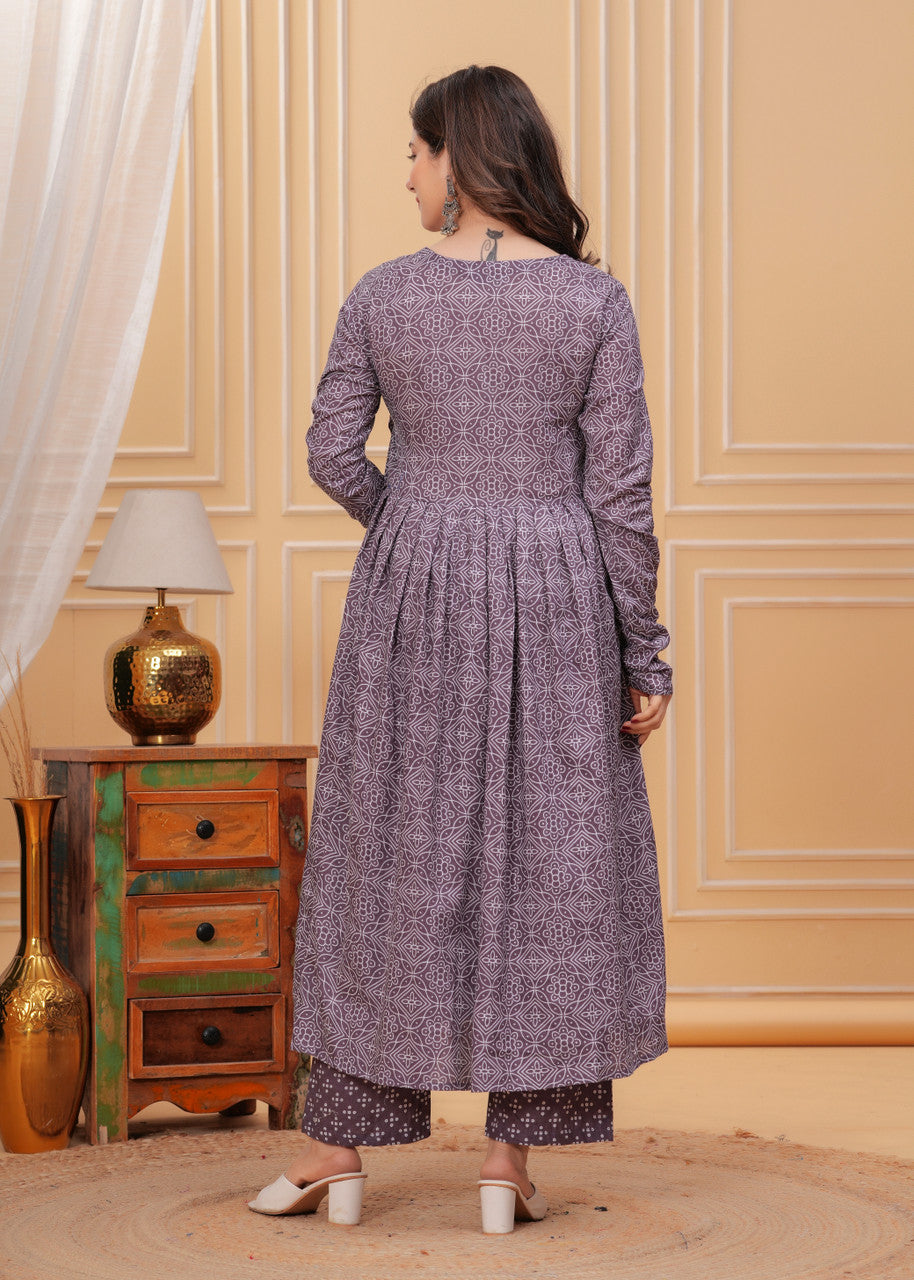 Geometric Bandhani Print Rayon Flared Kurta Set with Dupatta