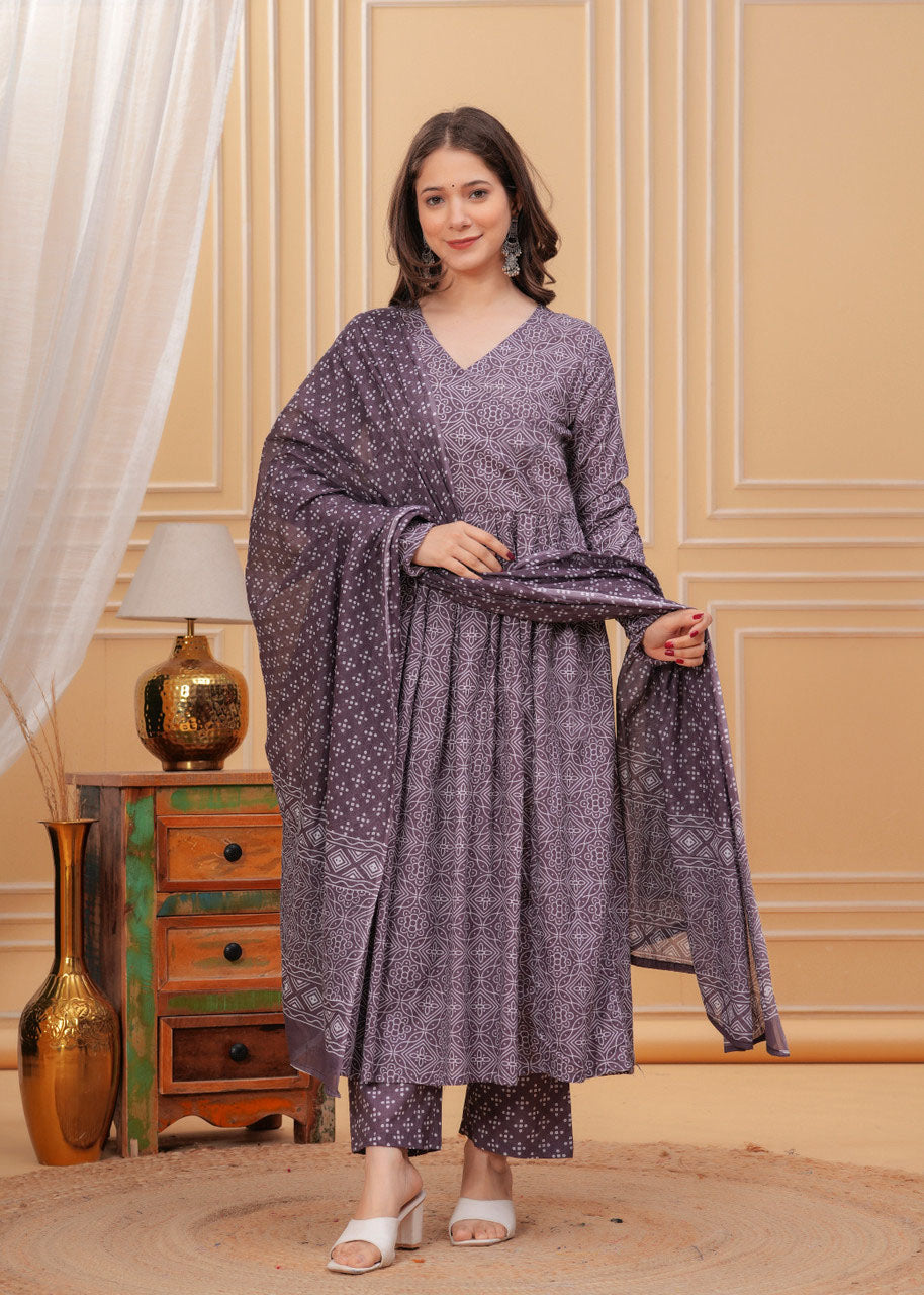 Geometric Bandhani Print Rayon Flared Kurta Set with Dupatta