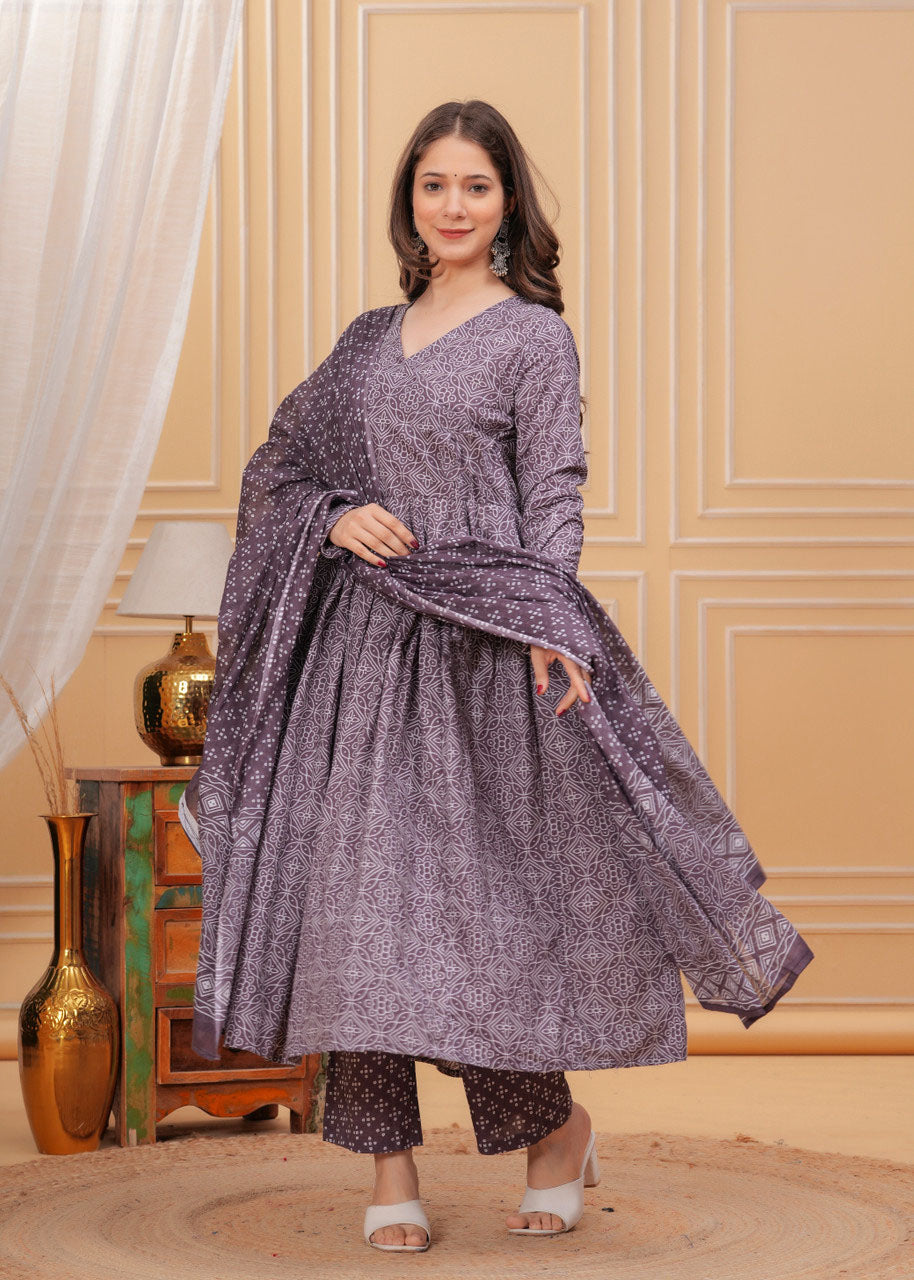 Geometric Bandhani Print Rayon Flared Kurta Set with Dupatta