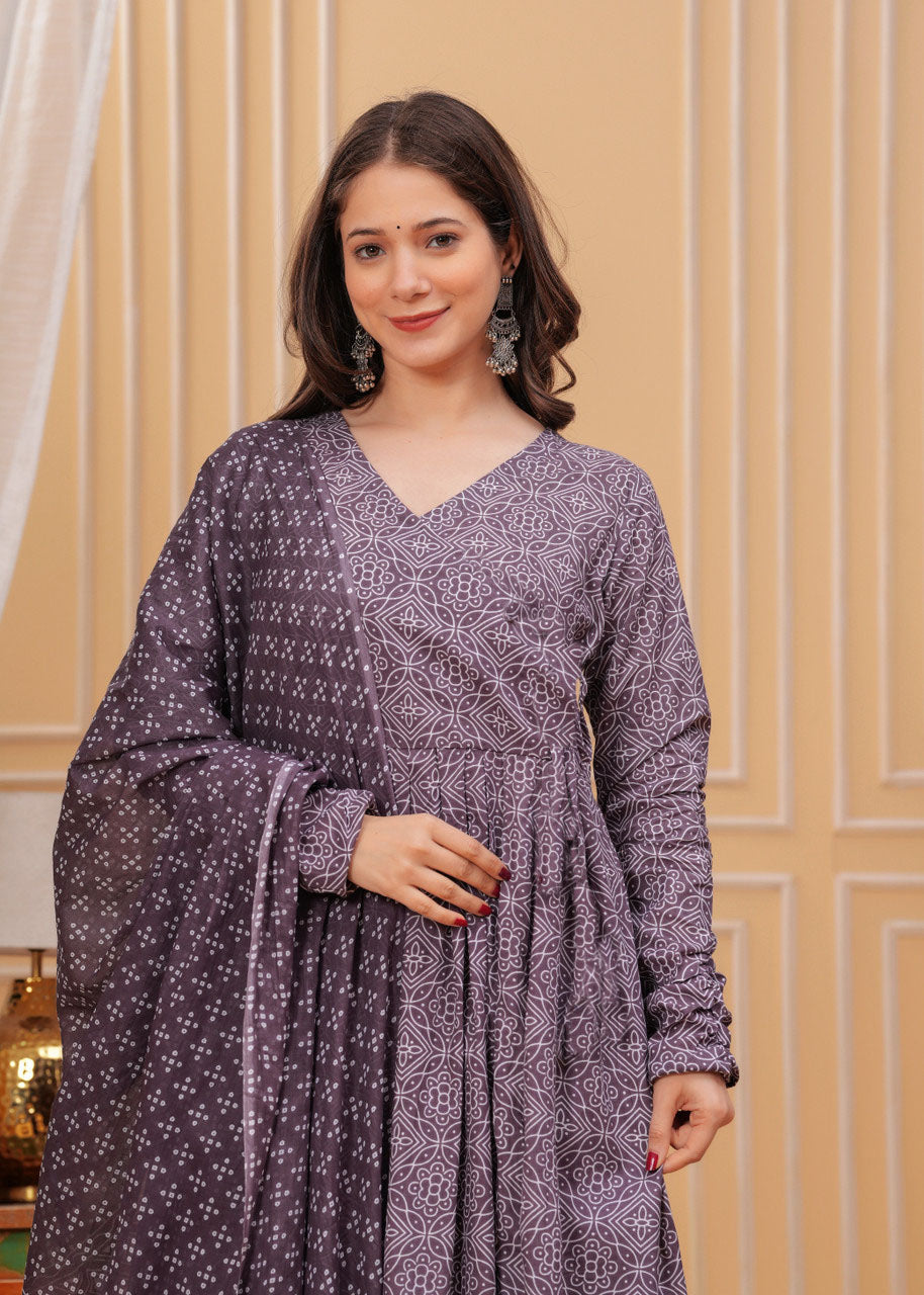 Geometric Bandhani Print Rayon Flared Kurta Set with Dupatta