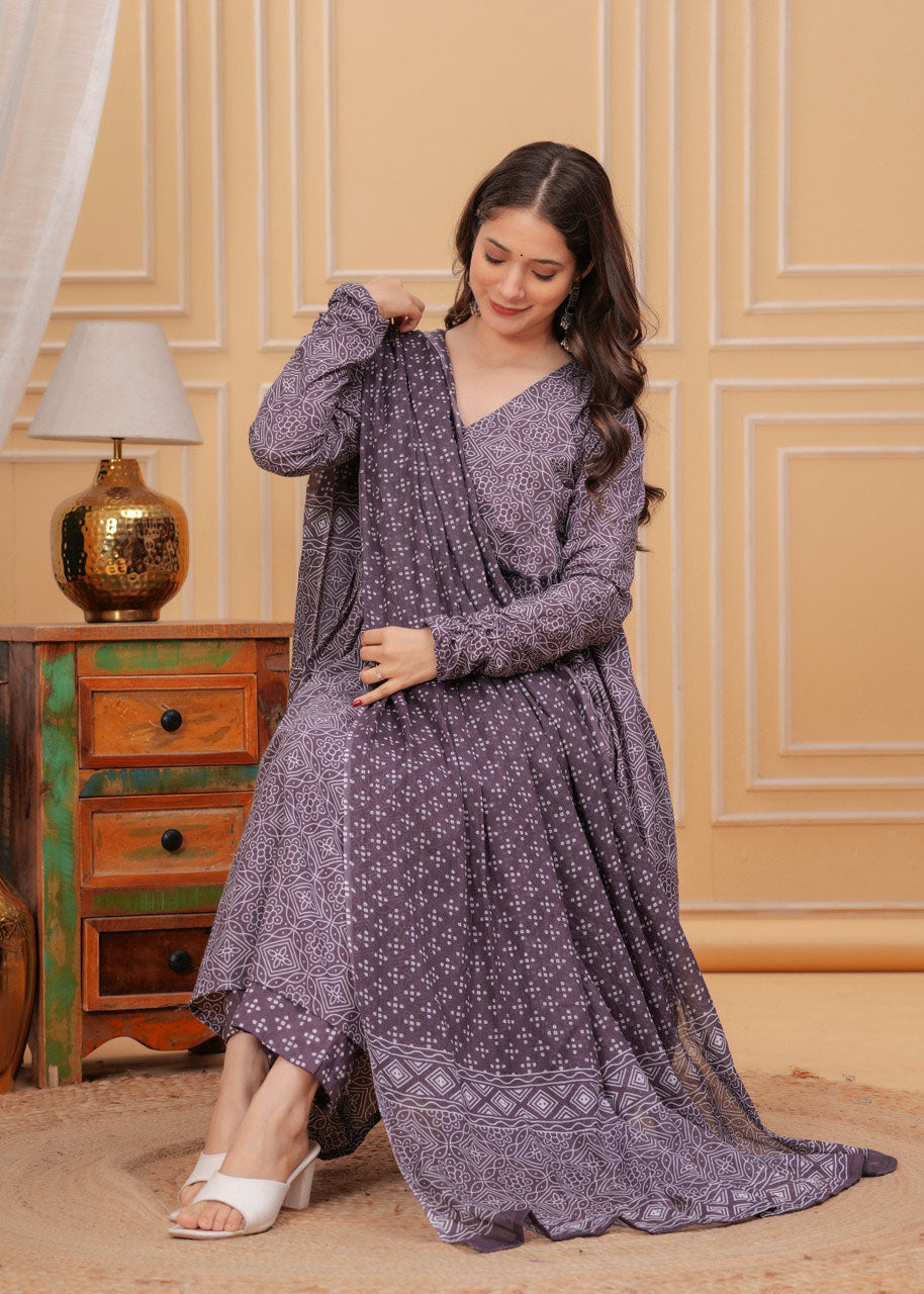 Geometric Bandhani Print Rayon Flared Kurta Set with Dupatta