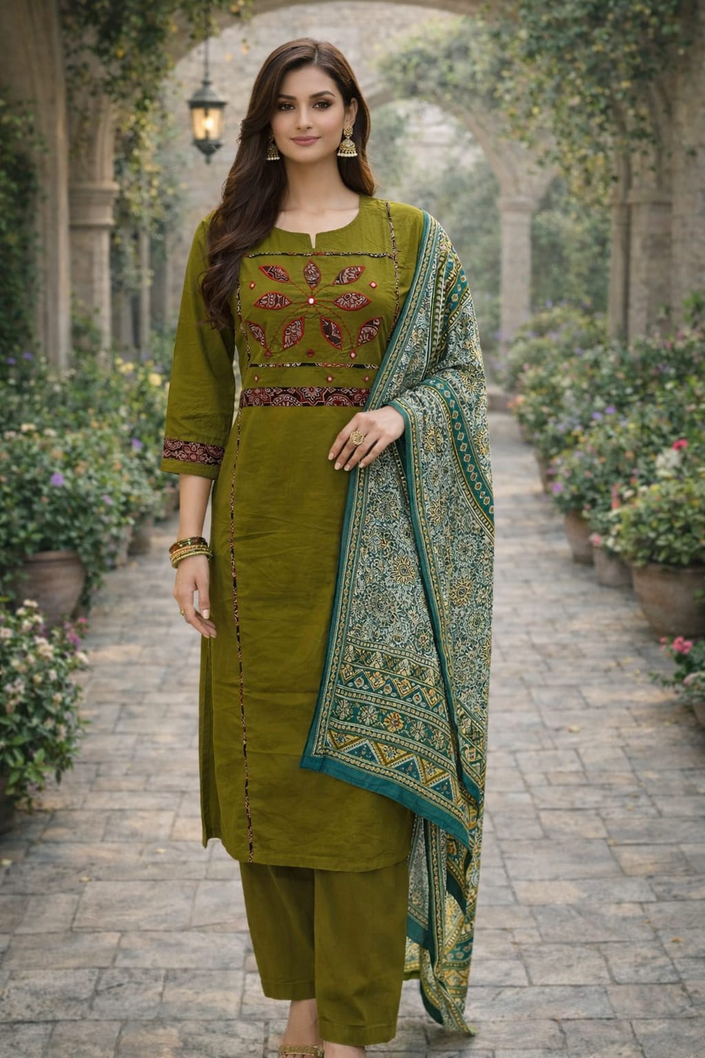 PREMIUM DHABU COTTON MANUAL WORKED A LINE TOP WITH PLAZO N DUPPATA SET