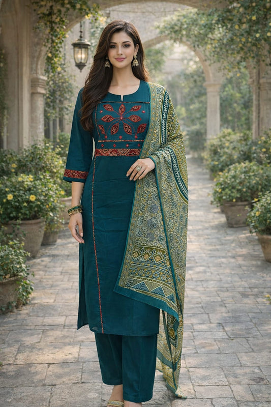 PREMIUM DHABU COTTON MANUAL WORKED A LINE TOP WITH PLAZO N DUPPATA SET