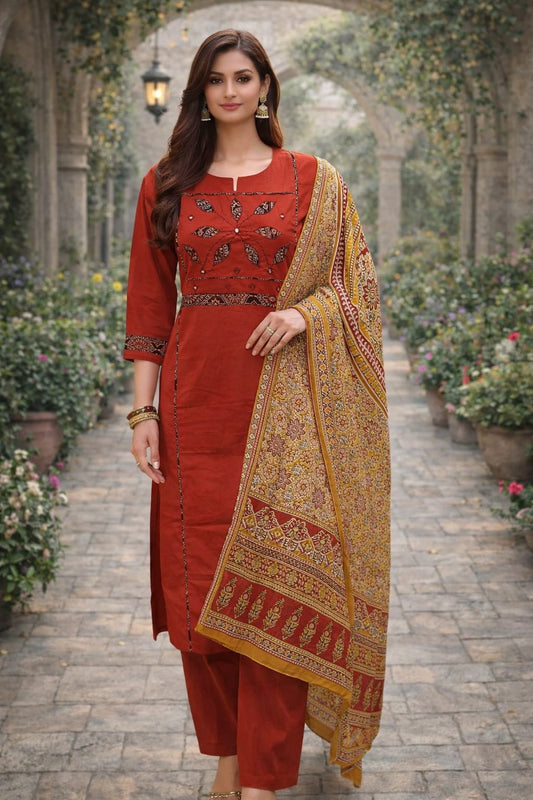 PREMIUM DHABU COTTON MANUAL WORKED A LINE TOP WITH PLAZO N DUPPATA SET