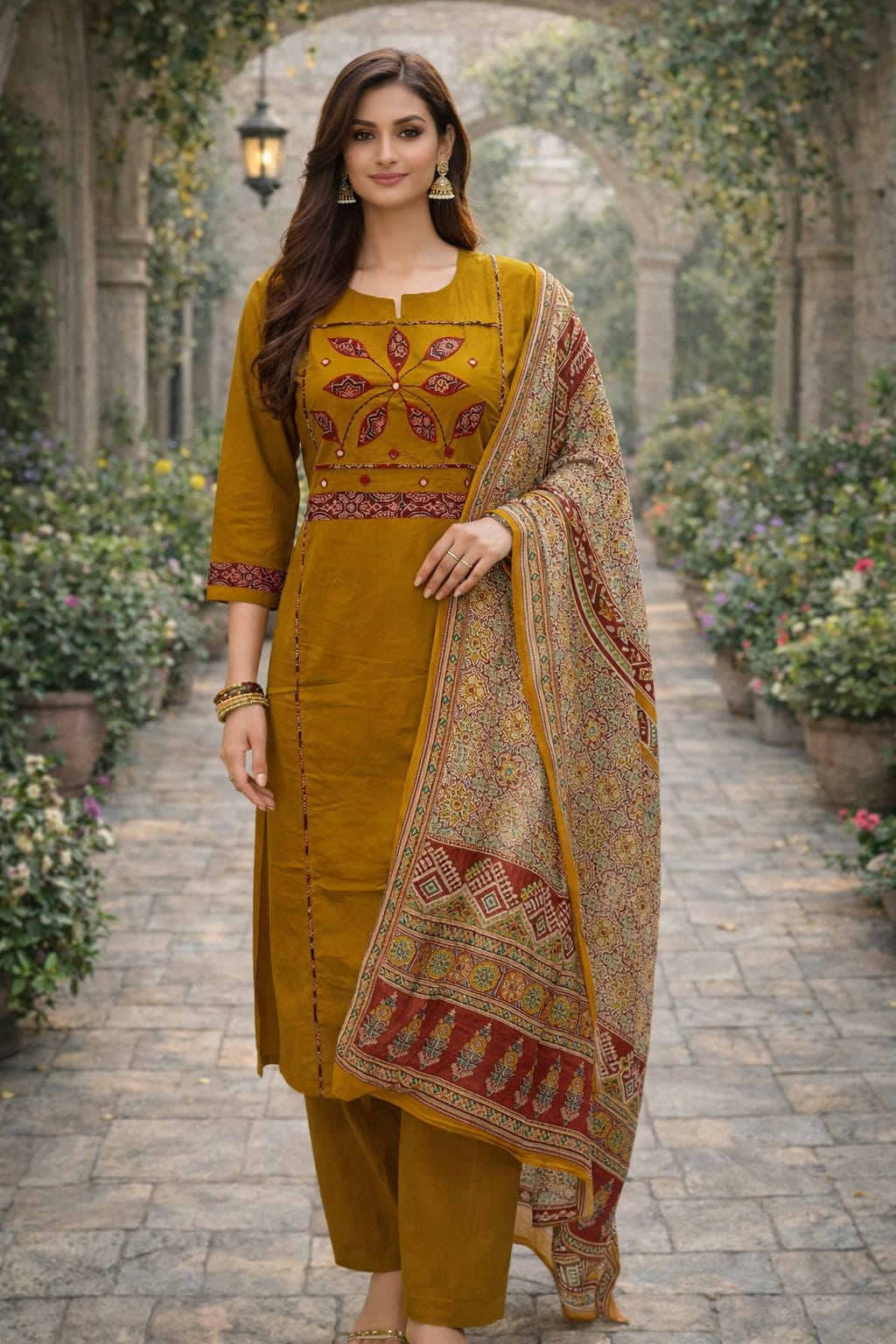 PREMIUM DHABU COTTON MANUAL WORKED A LINE TOP WITH PLAZO N DUPPATA SET