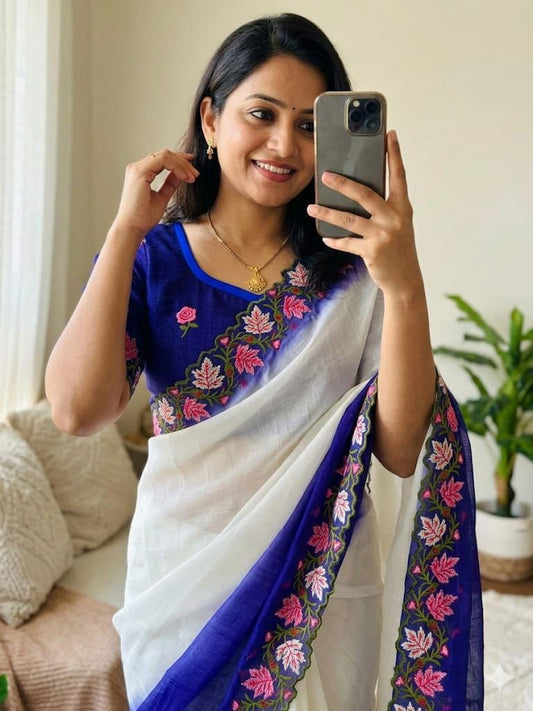 Soft crunchy saree with embroidery 🧵 work with  cut work finishing saree