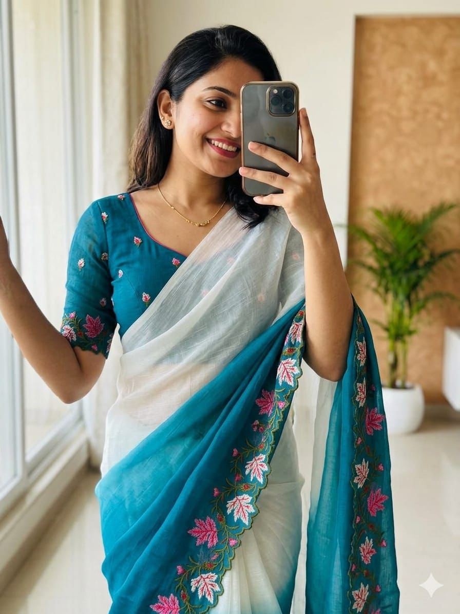 Soft crunchy saree with embroidery 🧵 work with  cut work finishing saree