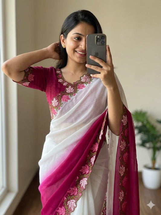 Soft crunchy saree with embroidery 🧵 work with  cut work finishing saree