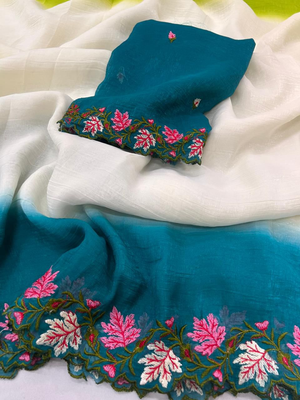 Soft crunchy saree with embroidery 🧵 work with  cut work finishing saree