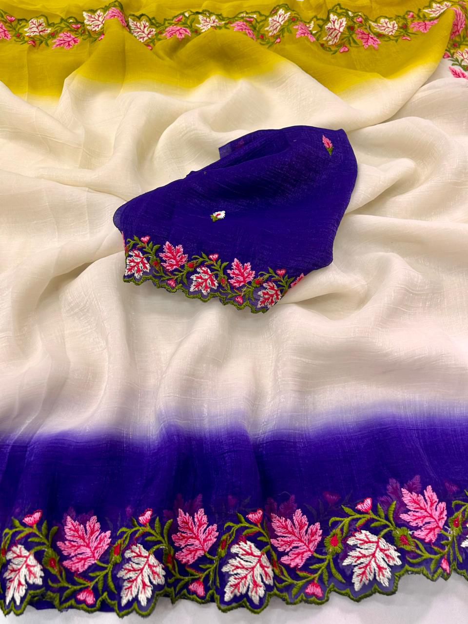 Soft crunchy saree with embroidery 🧵 work with  cut work finishing saree