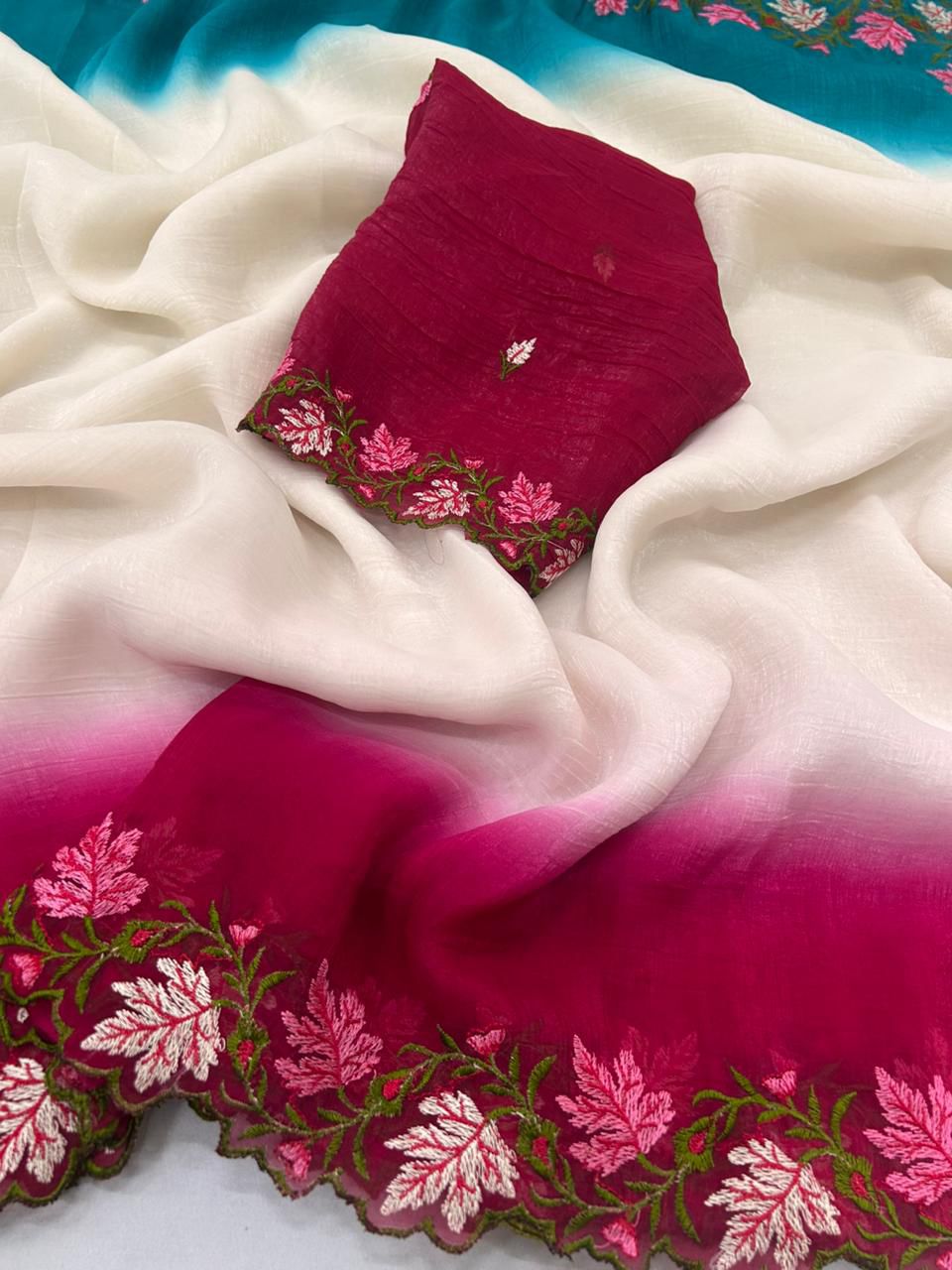 Soft crunchy saree with embroidery 🧵 work with  cut work finishing saree