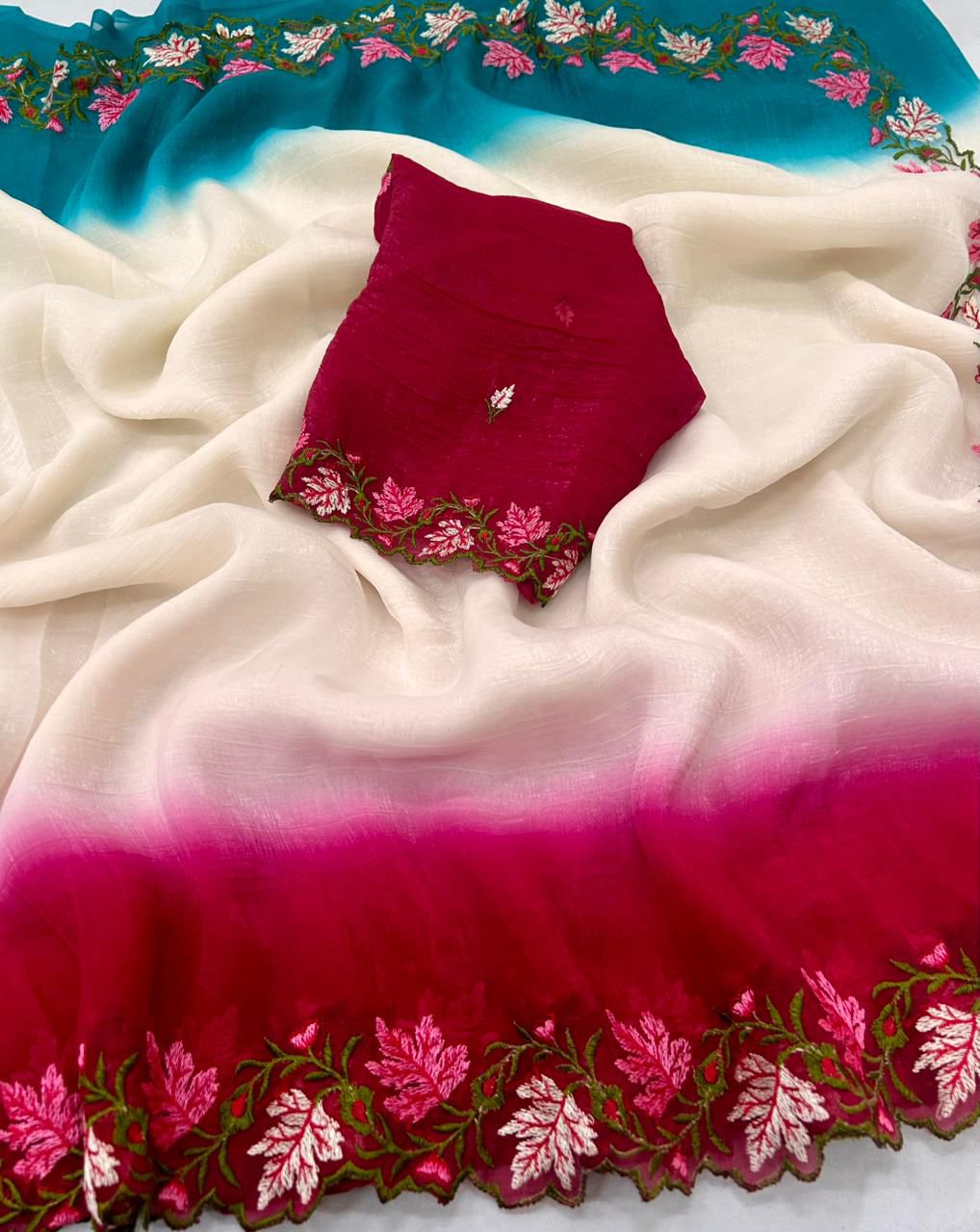 Soft crunchy saree with embroidery 🧵 work with  cut work finishing saree