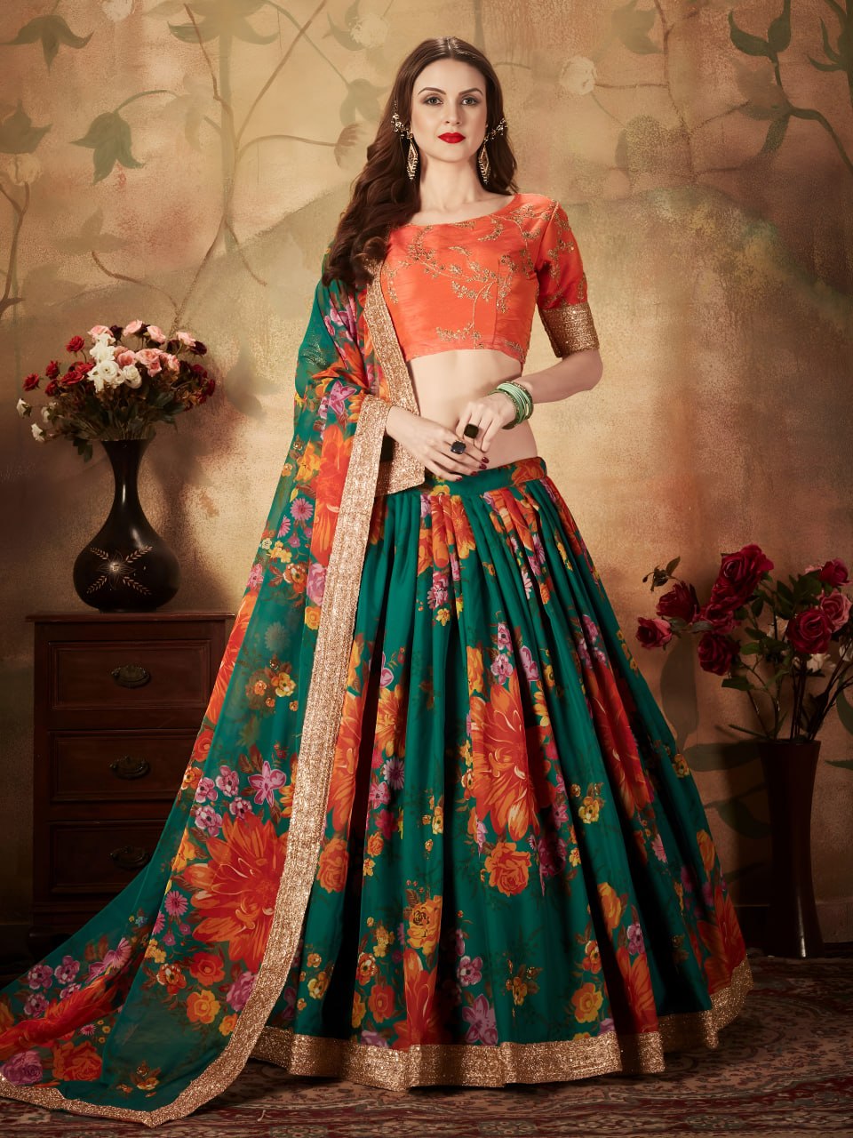 Green Floral Lehenga Choli with Orange Embroidered Blouse