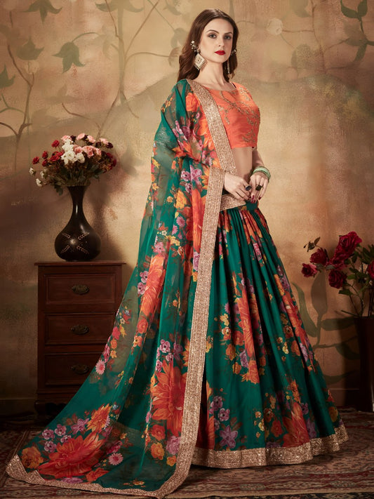 Green Floral Lehenga Choli with Orange Embroidered Blouse