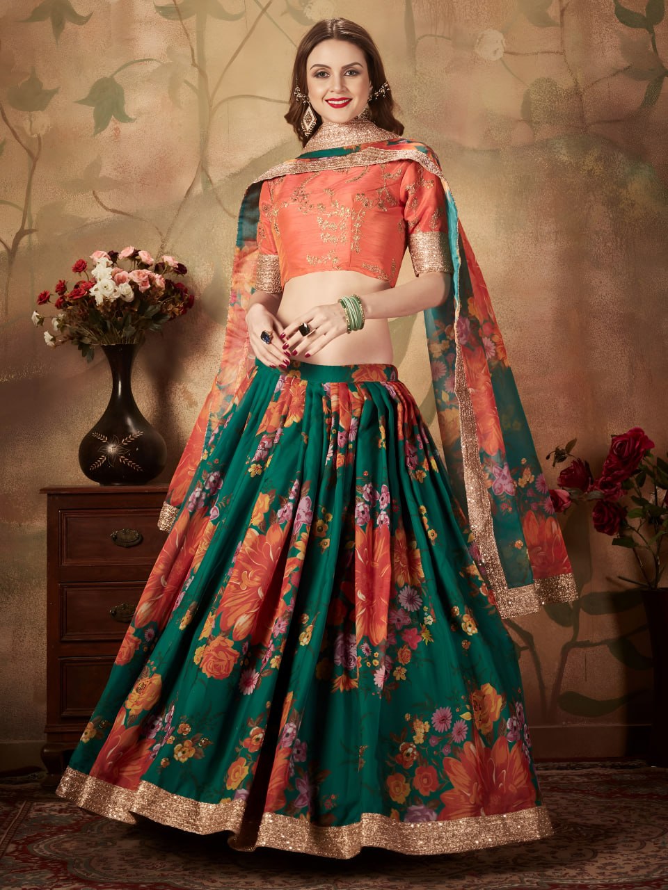 Green Floral Lehenga Choli with Orange Embroidered Blouse