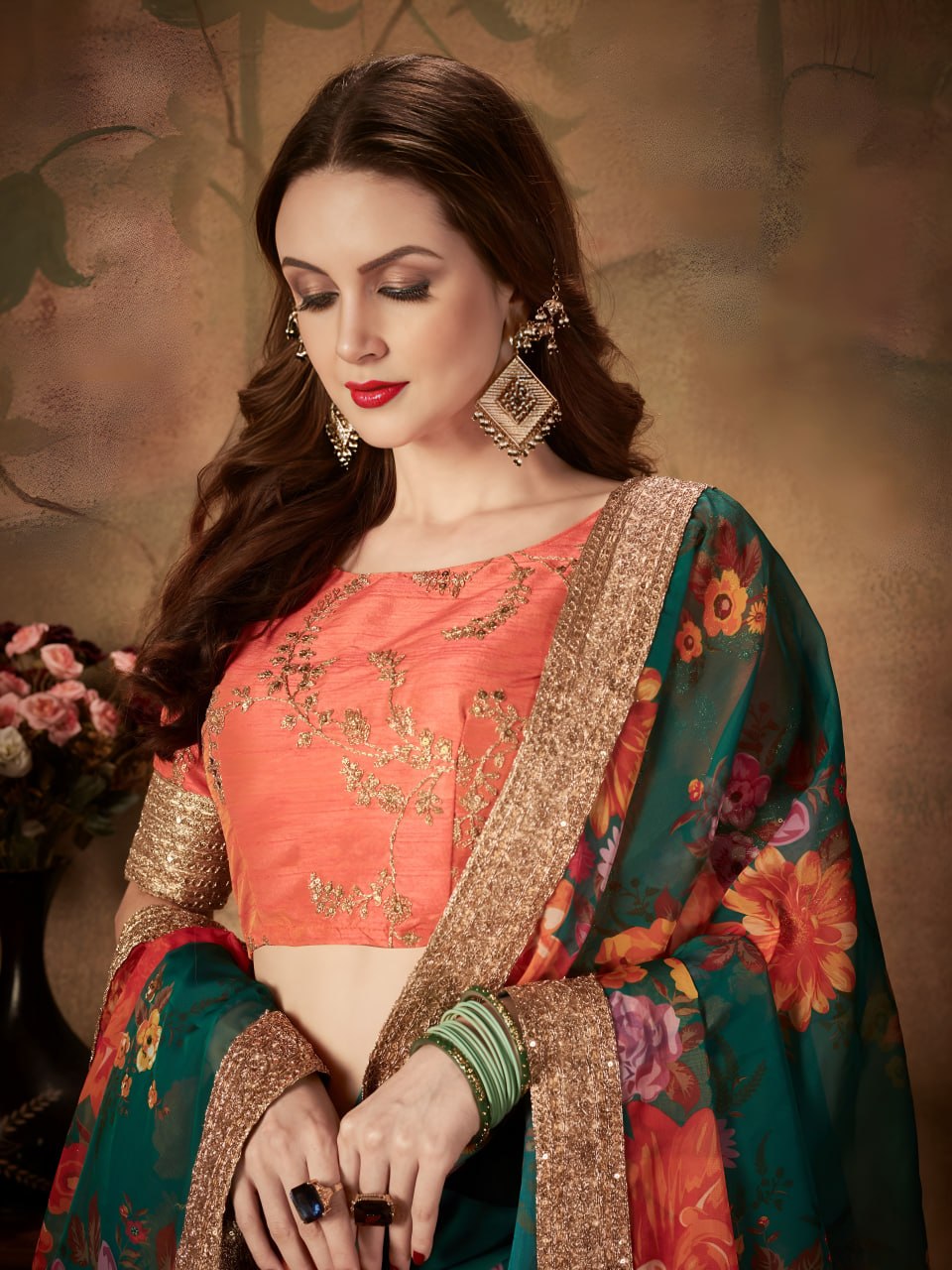 Green Floral Lehenga Choli with Orange Embroidered Blouse